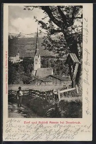 AK Amras bei Innsbruck, Dorfpartie mit Schloss