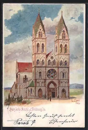 Künstler-AK Ludwig Zorn: Freiburg i. Br., Herz Jesu-Kirche