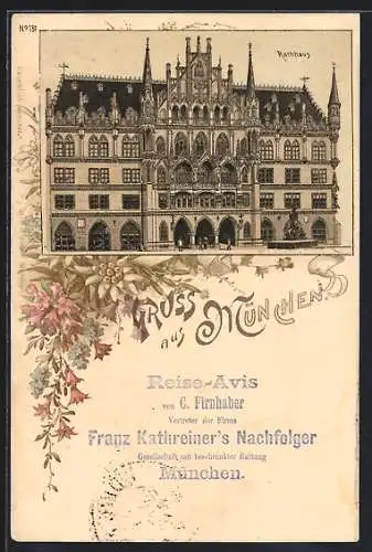 Lithographie München-Au, Rathaus, Franz Kathreiner`s Nachfolger GmbH