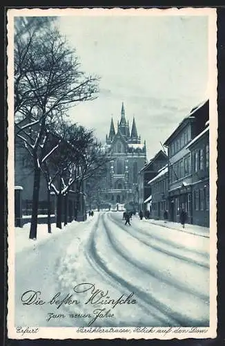 AK Erfurt, Brühlerstrasse mi Dom im Winter, Neujahrsgruss