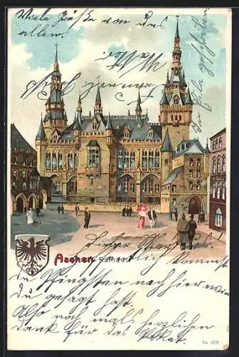 Lithographie Aachen, Passanten spazieren vor dem Rathaus