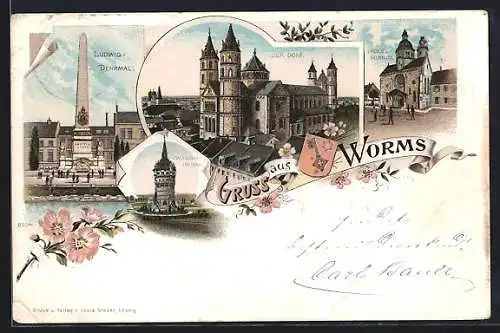 Lithographie Worms, Wasserturm, Paulus-Museum, Ludwig-Denkmal, Wappen, Blumen, Um 1900