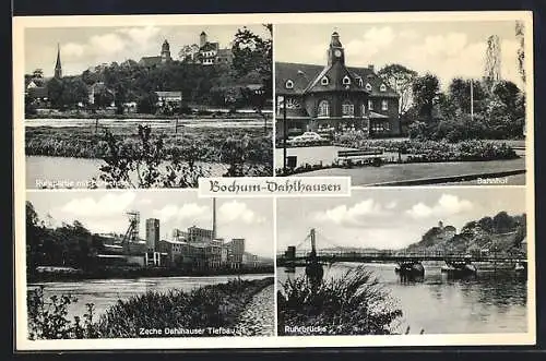 AK Bochum-Dahlhausen, Bahnhof, Ruhrbrücke, Ruhrpartie mit Horkenstein, Zeche Dahlhauser Tiefbau