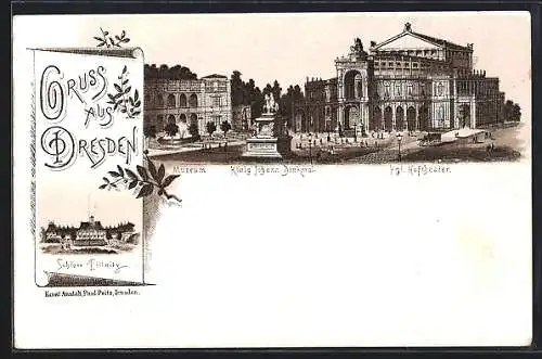 Lithographie Dresden, Schloss Pillnitz, Königliches Hoftheater, Museum und König Johann-Denkmal