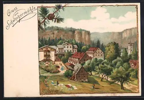 Lithographie Schweizermühle, Teilansicht des Gemeinde