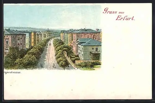 Lithographie Erfurt, Steigerstrasse mit Strassenbahn