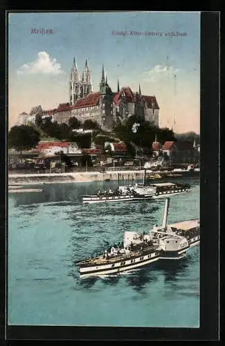 AK Meissen, Die Raddampfer Germania und Pillnitz auf der Elbe, Königl. Albrechtsburg und Dom im Hintergrund