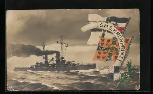 AK Kriegsschiff SMS Kronprinz auf See, Reichskriegsflagge