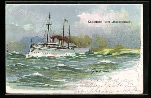 Lithographie Kaiserliche Yacht Hohenzollern in voller Fahrt