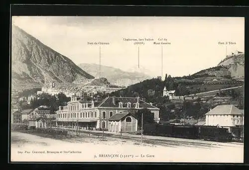 AK Briancon, La Gare, Fort du Château, Chaberton, fort Italien, Col du Mont Genève, Fort 3 Têtes, Bahnhof