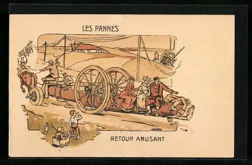 Lithographie Les Pannes, Retour Amusant, Transport eines Baumstammes per Pferdegespann