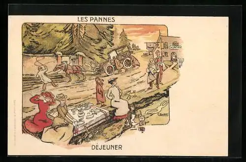 Lithographie Les Pannes, Dejeuner, Auto mit Panne wird von einem Pferd abgeschleppt