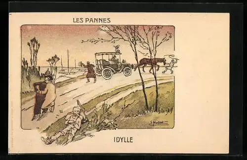 Lithographie Les Pannes, Idylle, Auto mit Panne wird von einem Pferd abgeschleppt