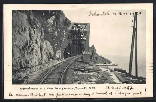 AK Transbaikal-Eisenbahn, Eisenbahnbrücke am Baikalsee, Tunnel und Gleise, 1907