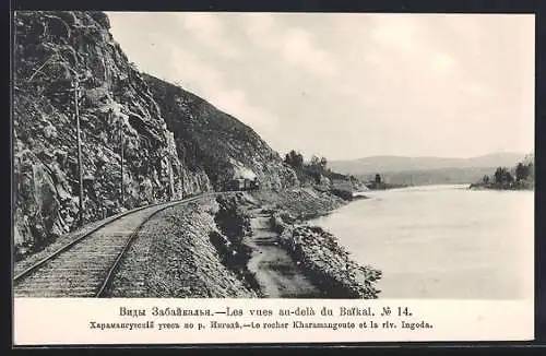 AK Transbaikal-Eisenbahn, Eisenbahnstrecke am Kharamankoute-Felsen und Ingoda-Fluss