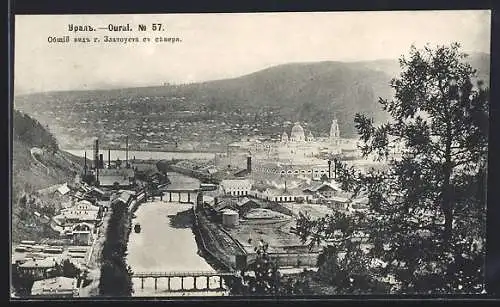 AK Zlatoust /Ural, Gesamtansicht von Zlatoust mit Fluss und Brücken