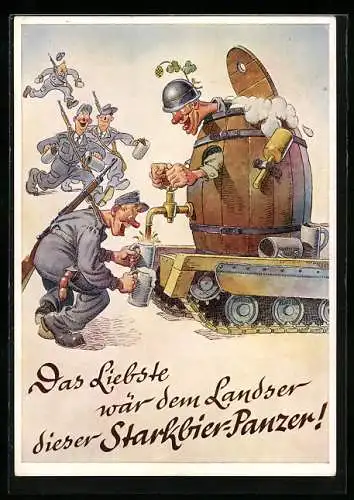 AK Das Liebste wär dem Landser dieser Starkbier-Panzer, Soldat im Bierfass