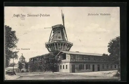 AK Potsdam, Sanssouci, Historische Windmühle und Neue Kammern