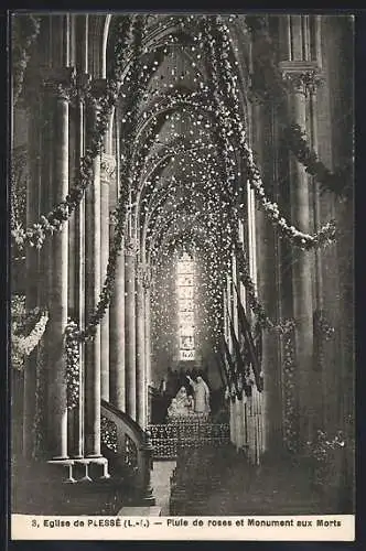 AK Plessé /L.-I., L`Eglise, Pluie de roses et Monument aux Morts