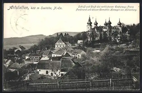 AK Artstetten, Panorama mit Schloss und Gruft Erzh. Franz Ferdinands und Gemahlin