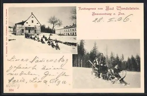 AK Brannenburg, Hotel-Gasthof Bad Wendelstein im Winter, Schlittenfahrer