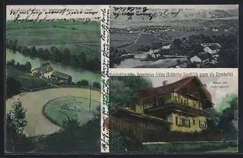 AK Wolfratshausen a. d. Isar, Panorama mit den Alpen, Serpentinenstrasse, Haus im Gebirgsstil auf der Walchstätterhöhe