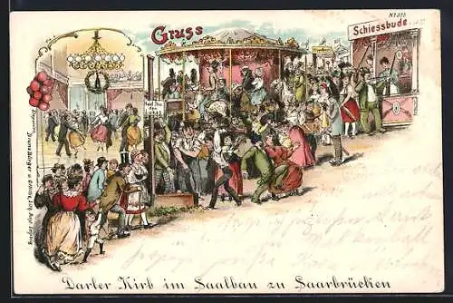 Lithographie Hamburg-St.Pauli, Volksfest Hamburger Dom auf dem Heiligengeistfeld-Ballsaal, Karussell, Schiessbude