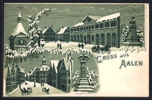 Winter-Lithographie Aalen, Spritzenhaus-Platz mit Spritzen-Lokal Waage, Turnhalle, Schubart-Denkmal, Rathaus-Thurm