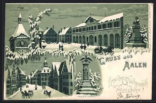 Winter-Lithographie Aalen, Spritzenhaus-Platz mit Spritzen-Lokal Waage, Turnhalle, Schubart-Denkmal, Rathaus-Thurm