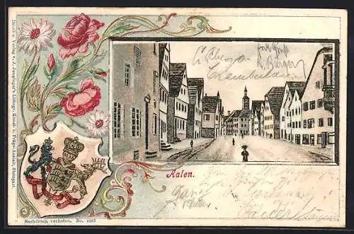 Passepartout-Lithographie Aalen, Strassenpartie mit Passanten, Wappen