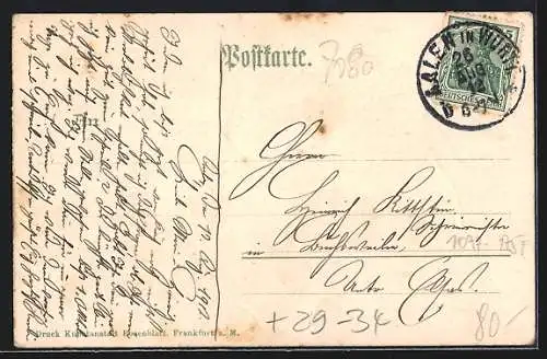 Passepartout-Lithographie Aalen, Marktplatz, Ansicht auf Efeublatt