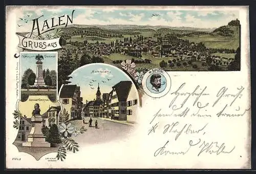 Lithographie Aalen, Marktplatz, Schubert-Denkmal, Panorama, Spion