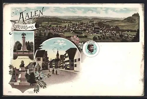 Lithographie Aalen, Marktplatz, Krieger-Denkmal, Schubart-Denkmal