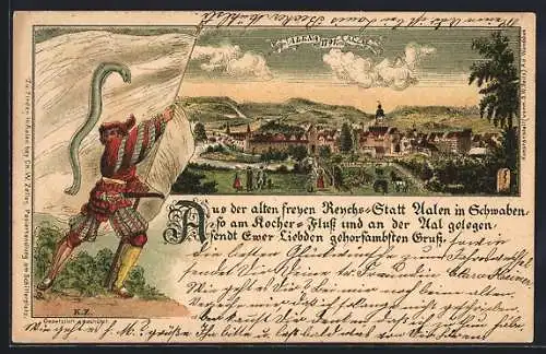 Lithographie Aalen, Ansicht der Stadt Anno 1791, Landsknecht mit Fahne