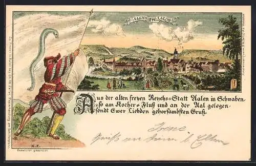 Lithographie Aalen, Ansicht der Stadt Anno 1791, Landsknecht mit Fahne