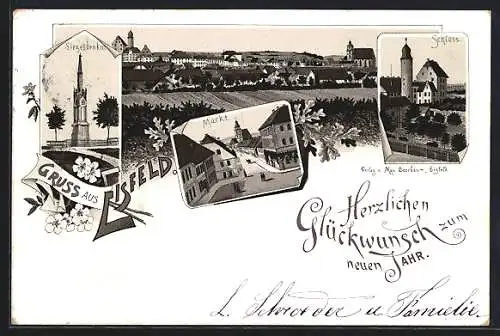 Lithographie Eisfeld, Ortsansicht, Schloss, Markt und Siegesdenkmal