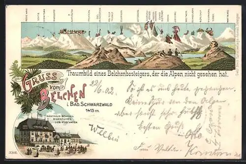 Lithographie Belchen, Alpenpanorama mit Gasthaus, Inh. J. Stiefvater, Berggesichter