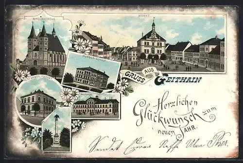 Vorläufer-Lithographie Geithain, 1895, Nikolaikirche, Bürger-Schule, Bahnhof, Neujahrsgruss