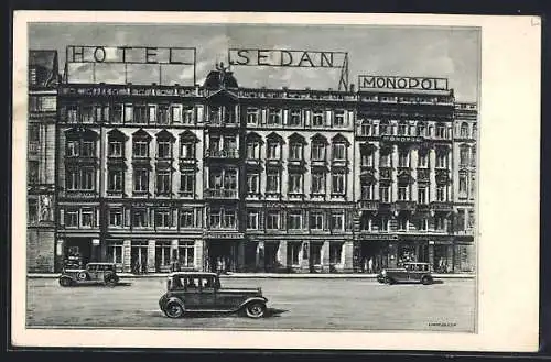 Künstler-AK Leipzig, Hotel Sedan und Hotel Monopol