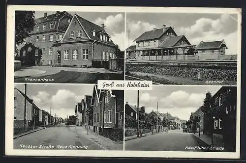 AK Holzheim / Neuss, Bahnhof, Krankenhaus, Strasse