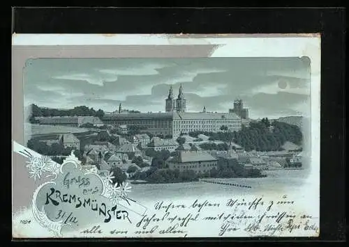 Mondschein-Lithographie Kremsmünster, Panorama mit Ort und Kloster