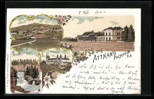 Lithographie Attnang-Puchheim, Bahnhof von der Gleisseite, Traunfall