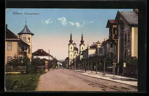 AK Villach, Peraustrasse mit Kirche