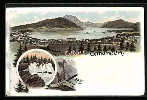 Lithographie Gmunden, Panorama mit Ort, See und Bergen, Traunfall