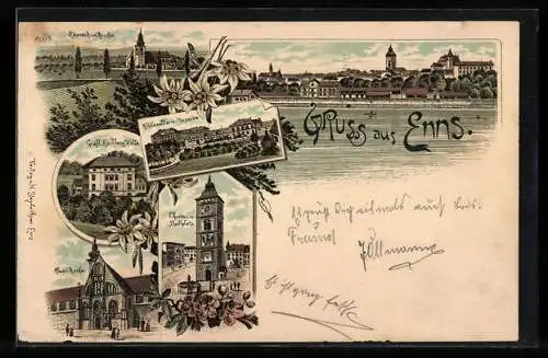 Lithographie Enns, K. k. Kavallerie-Kaserne, Gräfl. Rechberg-Villa, Turm und Stadtplatz