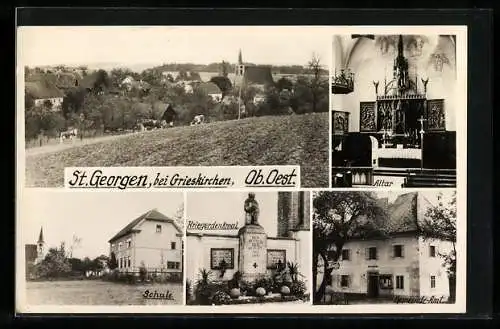 AK St. Georgen bei Grieskirchen, Schule, Gemeinde-Amt, Kriegerdenkmal