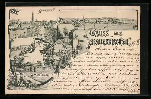 Lithographie Mauerkirchen, Totalansicht mit Marktplatz