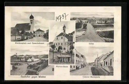 AK Neuhofen an der Krems, Marien-Säule, Kirchenplatz und Gemeindeamt, Gries