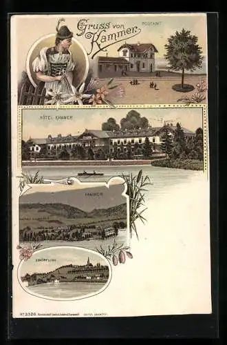 Lithographie Kammer, Hotel Kammer, Postamt, Schörfling