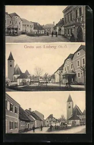 AK Lasberg /Ob.-Ö., Platz mit Kirche, Strassenpartie